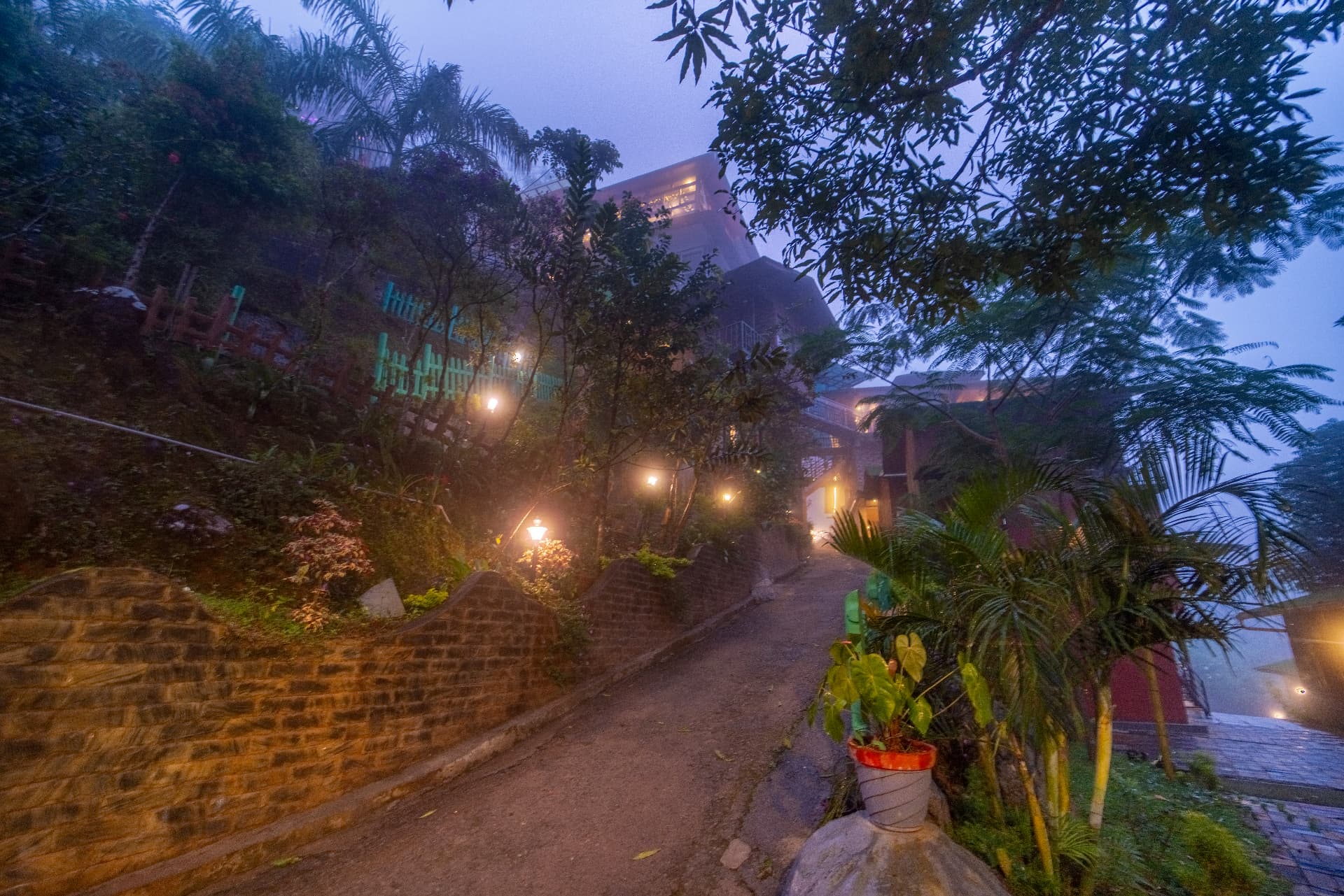 Mist rolling across the driveway at Grand Valley Resort, Munnar