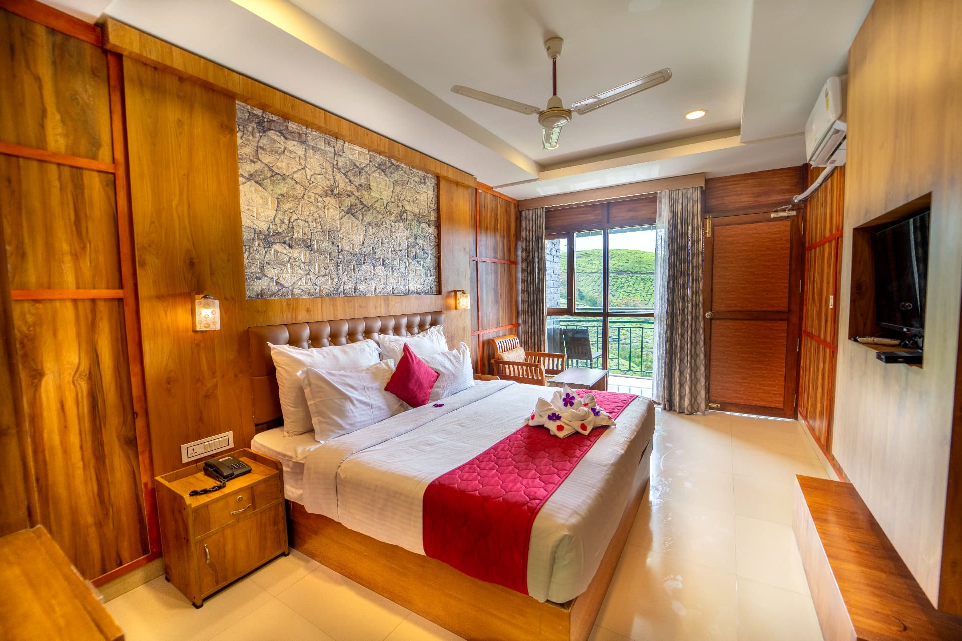 Premium Valley View Room with king bed, TV wall and private balcony over the tea gardens
