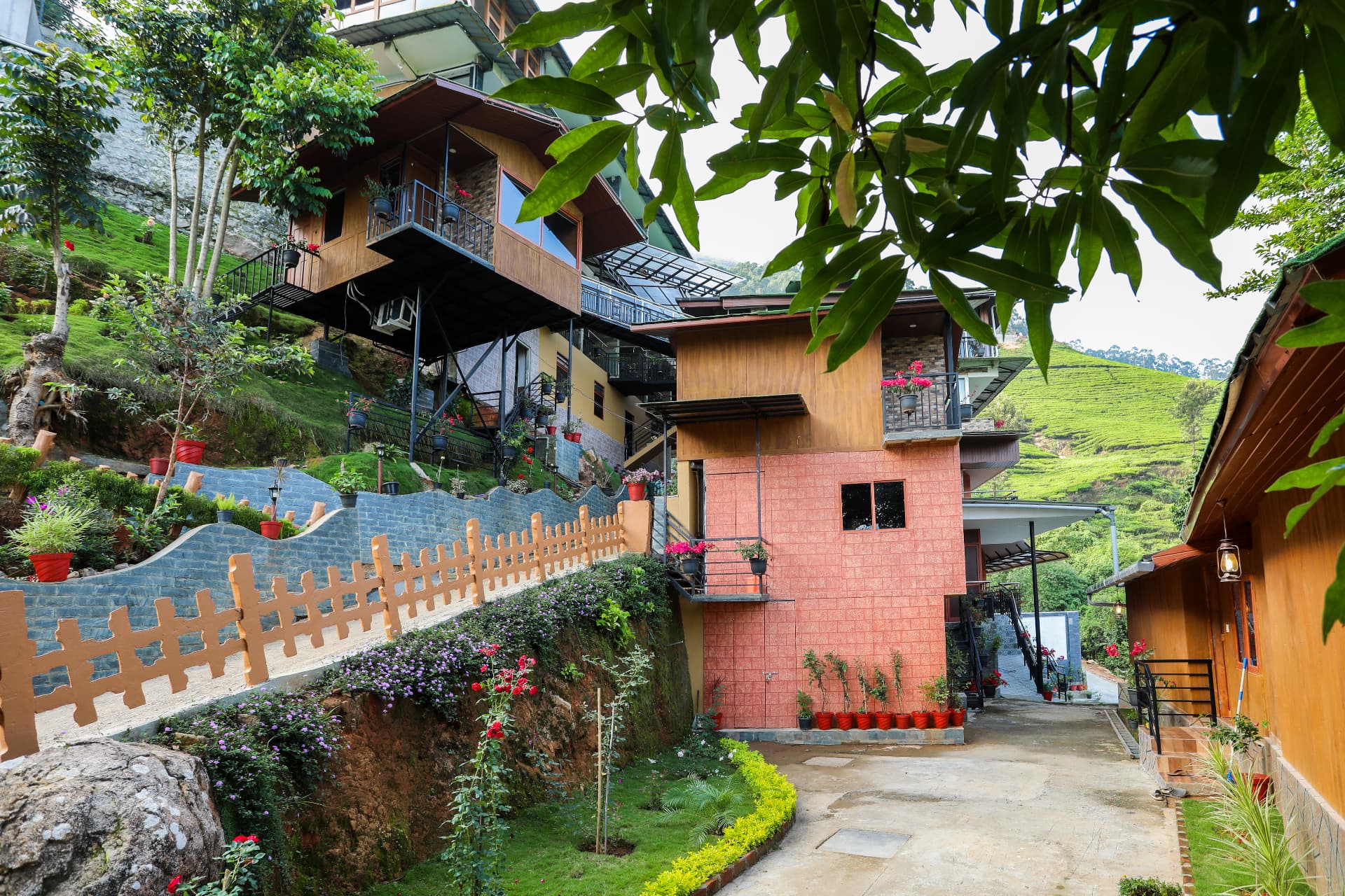 Premium Valley View Huts stepping down the hillside among flowers and tea bushes