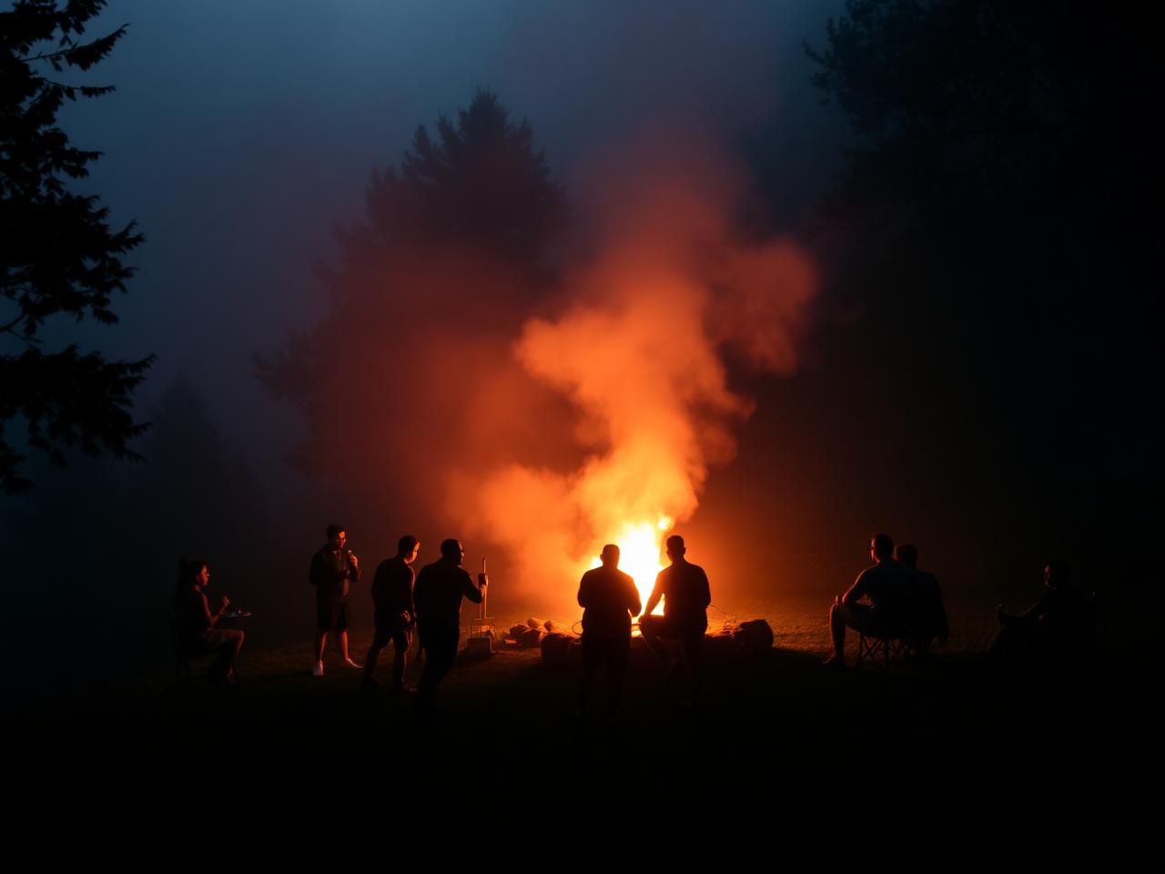 Group gathered around a campfire at Grand Valley Resort, Munnar
