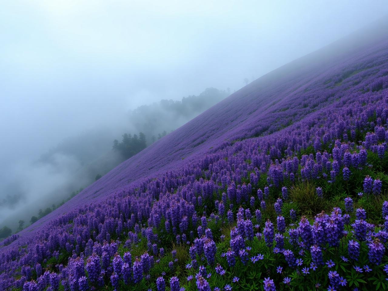 Munnar hillsides carpeted in purple-blue Neelakurinji flowers under mist